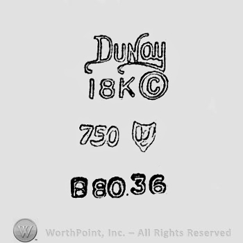 The text ''Dunay 18k'', the letter ''C'' in a circle, the numbers ''850'' and ''88036'' and a border.