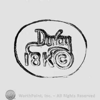 A circle, the text ''Dunay 18k'' and the letter ''C'' in a circle.