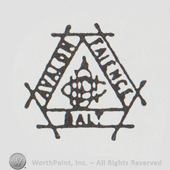 the text "avalon faience balt" in a triangle shaped sign and the initials DFH overlapping in the center