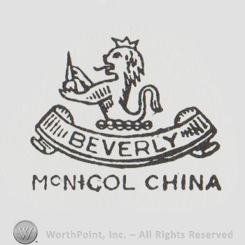 crowned lion with a ribbon that says beverly above the text MCNICOL CHINA in uppercase letters