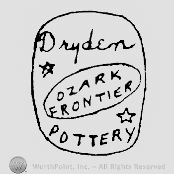 Dryden written above an oval shape frame with Ozark written above Frontier, inside above Pottery all in a frame