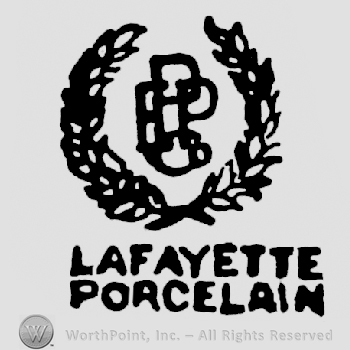 Monogram made from EPPCO inside a wreath, Lafayette written above Porcelain, written under it