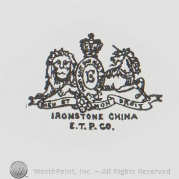 an oval with a capital E inside a crown above a lion on the left and an unicorn on the right above a ribbon and the text IRONSTONE CHINA E T P Co