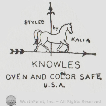 A horse over an arrow resimbling the signs that point north on houses and the text STYLED BY KALIA KNOWLES OVEN AND COLOR SAFE USA
