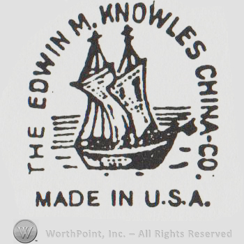 a sail ship on water with the text THE EDWIN M KNOWLES CHINA CO MADE IN USA around it