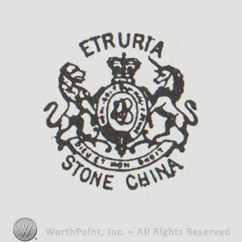 an oval with a lion on the left, an unicorn on the right and a crown above a banner and surrounded by the text ETRURIA STONE CHINA