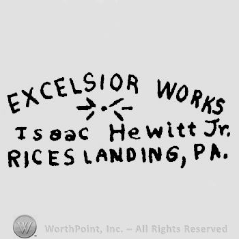 Excelsior Works written arched above a dot with 6 lines around it, above Isaac Hewitt Jr. written above Rices Landing, Pa.