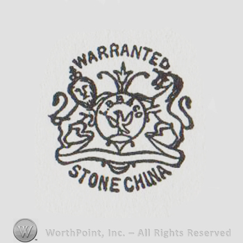 a circle with an eagle inside, a flower above, a lion on the left and an unicorn on the right and the text WARRANTED STONE CHINA written around