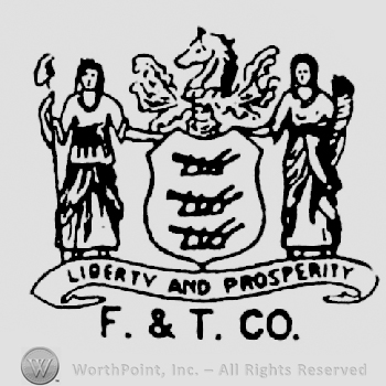 Horse head over a shield with 2 women beside it, Liberty and Prosperity written under it on a ribbon above F. & T. CO.