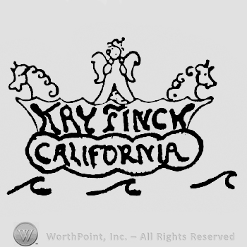 Horse head on the left, Angel in the middle and horse head on the right above Kay Flinch written in a frame above California written in a curly frame