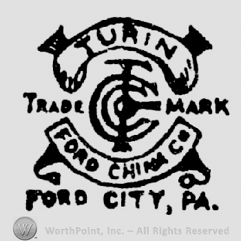 Turin written arched on a ribbon above a monograme made from FCCO letters, Trade written on left it, Mark written on right it, Ford Chins Co. written below on a ribbon above Ford City, Pa.