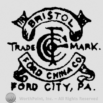 Bristol written arched on a ribbon above a monograme made from FCCO letters, Trade written on left it, Mark written on right it, Ford Chins Co. written below on a ribbon above Ford City, Pa.
