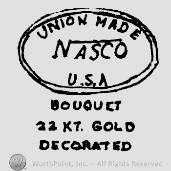 Union Made written above Nasco written above U.S.A. all inside of an oval shape frame, Bouquet written above 22 Kt. Gold written above Decorated, written below it