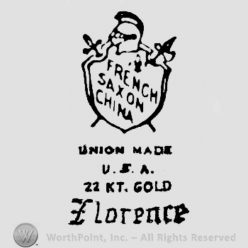 Helmet above a shield over a croosed halberd and a sword, French written above Saxon written above China written on it, Union Made written above U.S.A. written above 22 Kt. Gold written above Florence, written below it