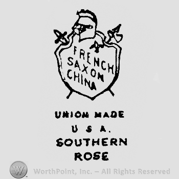 Helmet above a shield over a croosed halberd and a sword, French written above Saxon written above China written on it, Union Made written above U.S.A. written above Southern written above Rose, written below it