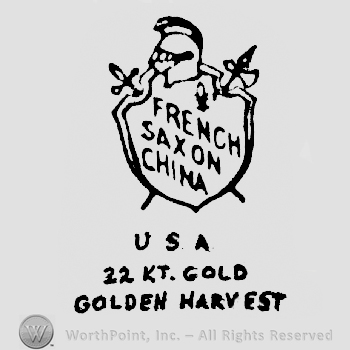 Helmet above a shield over a croosed halberd and a sword, French written above Saxon written above China written on it, U.S.A. written above 22 Kt. Gold written above Golden Harvest, written under it