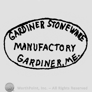 Gardiner Stoneware written arched above Manufactory written above Gardiner, Me., all inside an oval shape frame
