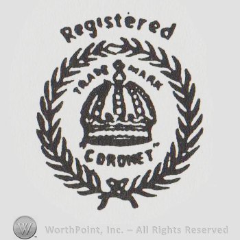 a crown surrounded by two laurel branches and "registered trade mark coronet"