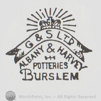 a crown with rays above a banner and the text "G & S Ltd albany & harvey potteries burslem"