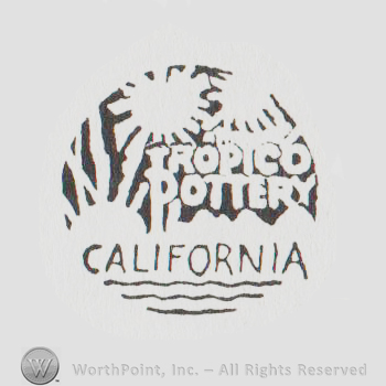 round logo with a jungle and "tropico pottery california"