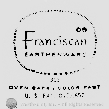 An oval shape frame made from little lines, with Franciscan written in the middle above Earthenware, and Made In U.S.A. written on bottom, above Oven Safe/Color Fast written above U.S. Pa. D173.657