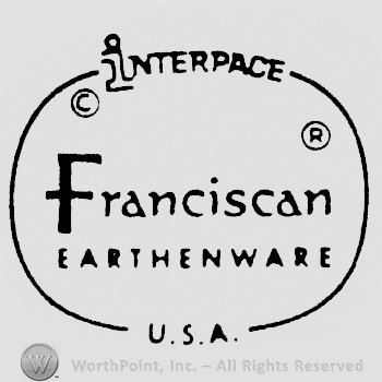 Interpace written arched on top of an oval shape frame, with Franciscan written in the middle above Earthenware, and U.S.A. written on bottom