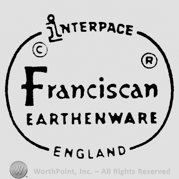 Interpace written arched on top of an oval shape frame, with Franciscan written in the middle above Earthenware, and England written on bottom
