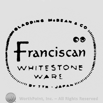 Gladding McBean & Co. written arched on top of an oval shape frame made from little lines, with Franciscan written in the middle above Whitestone written above Ware, and By TTM Japan, written on bottom