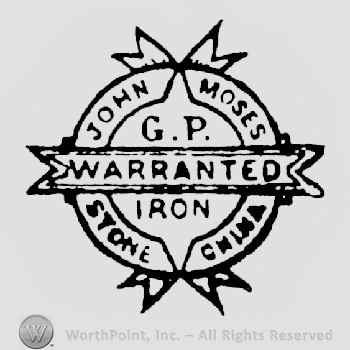 Circle shape frame with G.P. written above Iron written  inside, inside of another circle shape frame with John Moses written arched on top, and Stone China written on bottom, and a ribbon at it's middle with Warranted written on it