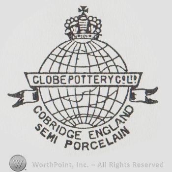 the earth globe with a crown above and a banner that says GLOBE POTTERY CO LTD and the text COBRIDGE ENGLAND SEMI PORCELAIN