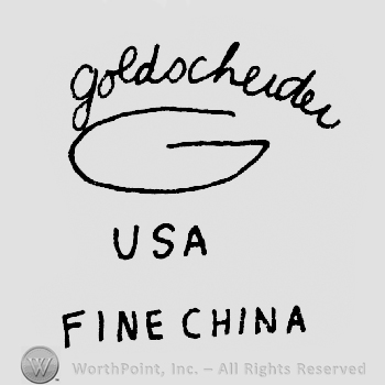 Goldscheider hand written above a big G letter above USA written above Fine China