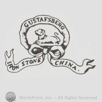 long banner around a lion that says "Gustafsberg Iron Stone China"