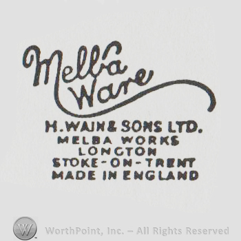 the text MELBA WARE H WAIN & SONS LTD MELBA WORKS LONGTON STOKE ON TRENT MADE IN ENGLAND