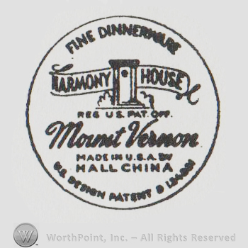 circle coin like design with a building and a banner and the text FINE DINNERWARE HARMONY HOUSE MOUNT VERNON MADE IN USA B?Y HALL CHINA US DESIGN PATENT