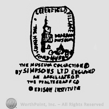 Image of a tower and a vehicle inside a rectangle, inside on the upper right side is written Greenfield Village, on the opposite side is written The Henry Ford, various writings under