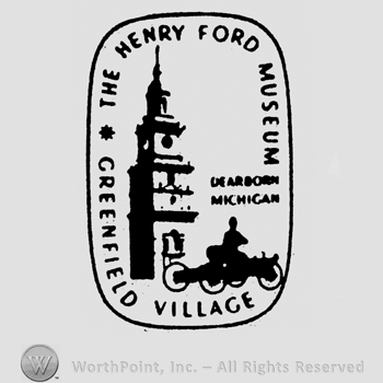 Image of a tower and a vehicle, above is written The Henry Ford Museum, under is written Greenfield Village