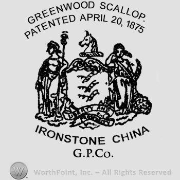 Coat of arms of the state of New Jersey, curved writing above Greenwood Scallop, Patented April, under is written Ironstone China, G. P. Co.