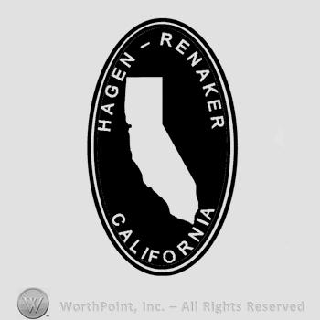 Black object in the middle, Haegen Renaker written above, California written under, all inside an oval