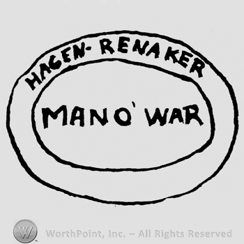 Inside the small oval is written Mano's War with capital letters, inside the large oval, on top, is written Hagen Renaker