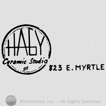 Written inside a circle, Hagy, capital letters, Ceramic Studio, handwritten under, 823 E. Myrtle written outside the circle on the right side