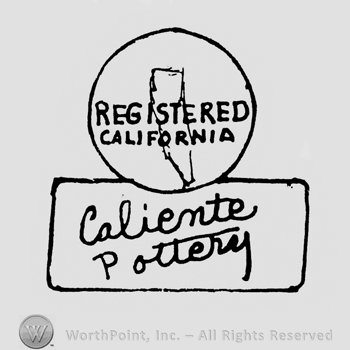 Circle above a rectangle, inside the circle is written Registred California, capital letters, inside the rectangle is written Caliente Pottery, on 2 lines, handwritten, slanted lines