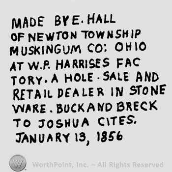 Rows of writings, it starts with Made By E. Hall, of Newton Township, Muskingum Co: Ohio, it ends with Retail Dealer in Stone Ware. Buck and Break to Joshua Cities. January 13, 1856, all capital letters