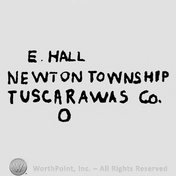 Written on 2 lines: E. Hall above, Newton Township in the middle, Tuscarawas Co, under, all capital letters