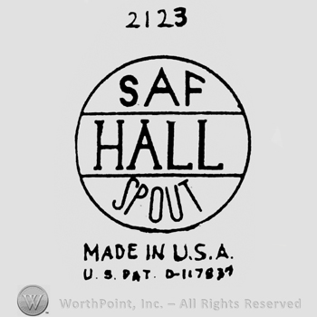 Written inside a circle: SAF above, Hall in the middle, Spout on the bottom, under the circle is written Made in USA US Pat D117837