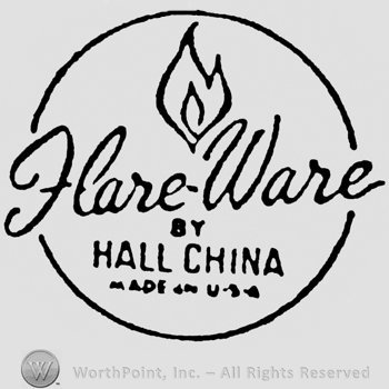 Hare Ware by Hall China Made in USA, written inside a circle, above Hare Ware is an image of a flame