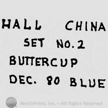 Written on 4 lines: Hall China, Set No. 2, Buttercup, Dec 80 Blue