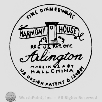 Written inside a circle: Fine Dinnerware above, ribbon in the middle with Harmony House written on and the image of a house, Arlington, hand written under, Made in USA by Hall China