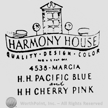 Image of a house, ribbon under with Harmony House written on, 4538 Marcia H. H. Pacific Blue H H Cherry Pink