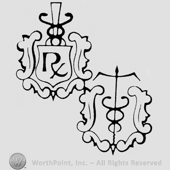 Initial R written inside a square of laurels on the left, a stylized T, like and arrow, on the right, inside a square