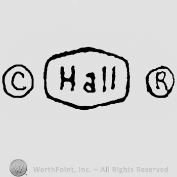 Hall written inside a rectangle, initials C and R, each inside a small circle, one on the right one on the left